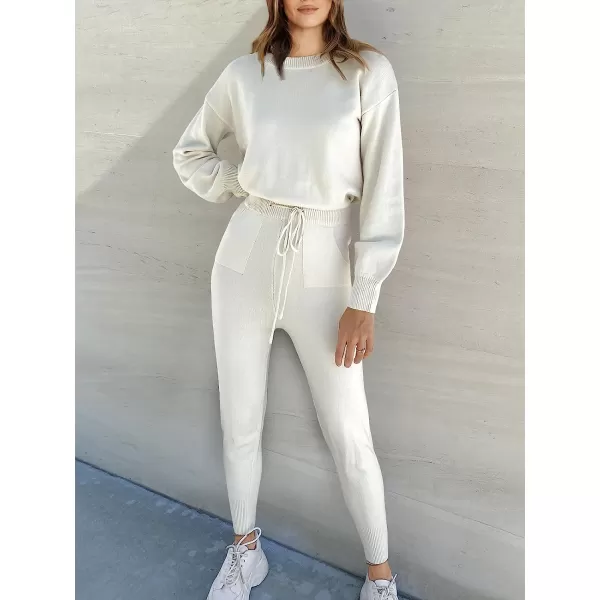 imageANRABESS Womens Two Piece Outfits Sweater Sets Long Sleeve Pullover and Drawstring Pants Lounge Sets02white