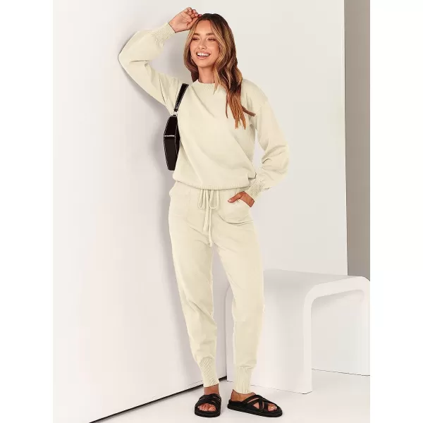imageANRABESS Womens Two Piece Outfits Sweater Sets Long Sleeve Pullover and Drawstring Pants Lounge Sets03pink Apricot