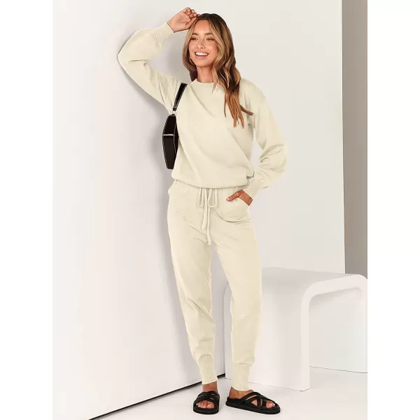 imageANRABESS Womens Two Piece Outfits Sweater Sets Long Sleeve Pullover and Drawstring Pants Lounge Sets03pink Apricot