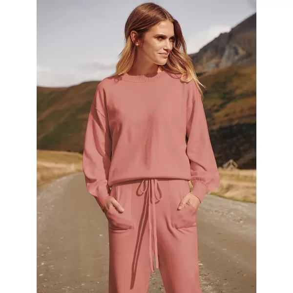 imageANRABESS Womens Two Piece Outfits Sweater Sets Long Sleeve Pullover and Drawstring Pants Lounge Sets06rusty Red