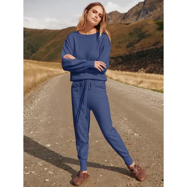imageANRABESS Womens Two Piece Outfits Sweater Sets Long Sleeve Pullover and Drawstring Pants Lounge Sets09dark Blue