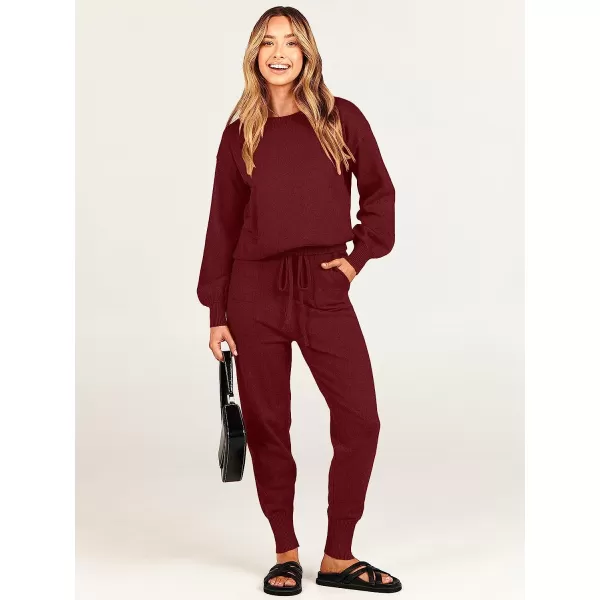 imageANRABESS Womens Two Piece Outfits Sweater Sets Long Sleeve Pullover and Drawstring Pants Lounge Sets11winered