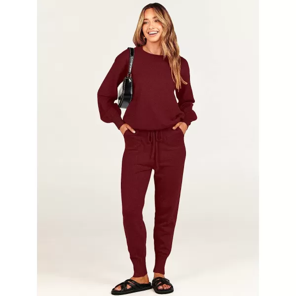 imageANRABESS Womens Two Piece Outfits Sweater Sets Long Sleeve Pullover and Drawstring Pants Lounge Sets11winered