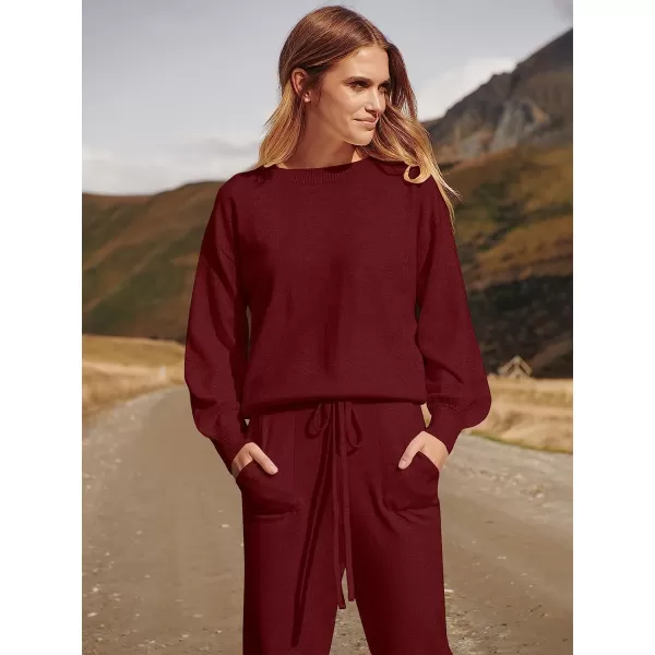 imageANRABESS Womens Two Piece Outfits Sweater Sets Long Sleeve Pullover and Drawstring Pants Lounge Sets11winered