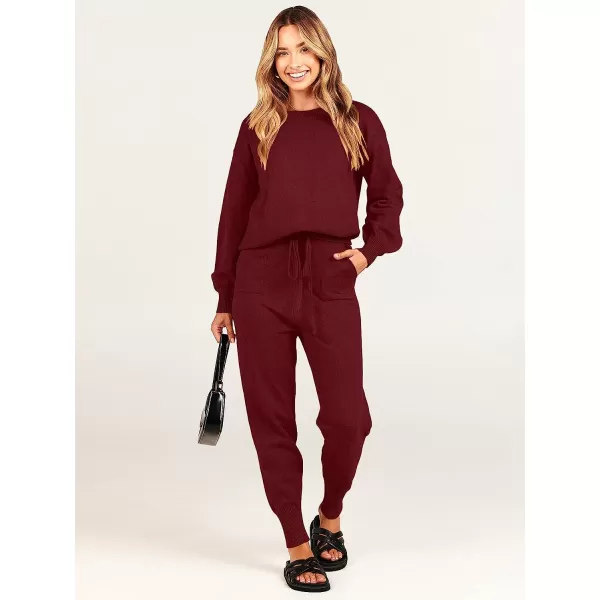 imageANRABESS Womens Two Piece Outfits Sweater Sets Long Sleeve Pullover and Drawstring Pants Lounge Sets11winered