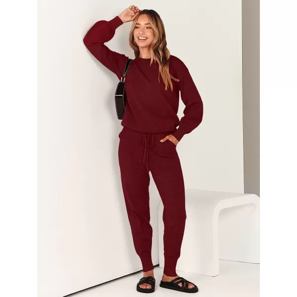 imageANRABESS Womens Two Piece Outfits Sweater Sets Long Sleeve Pullover and Drawstring Pants Lounge Sets11winered