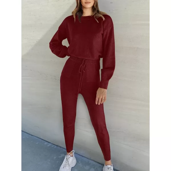 imageANRABESS Womens Two Piece Outfits Sweater Sets Long Sleeve Pullover and Drawstring Pants Lounge Sets11winered