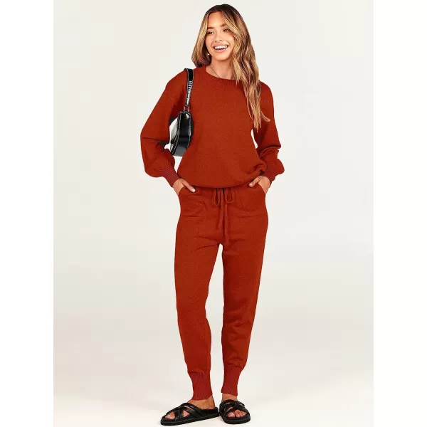 imageANRABESS Womens Two Piece Outfits Sweater Sets Long Sleeve Pullover and Drawstring Pants Lounge Sets15rusty Red2
