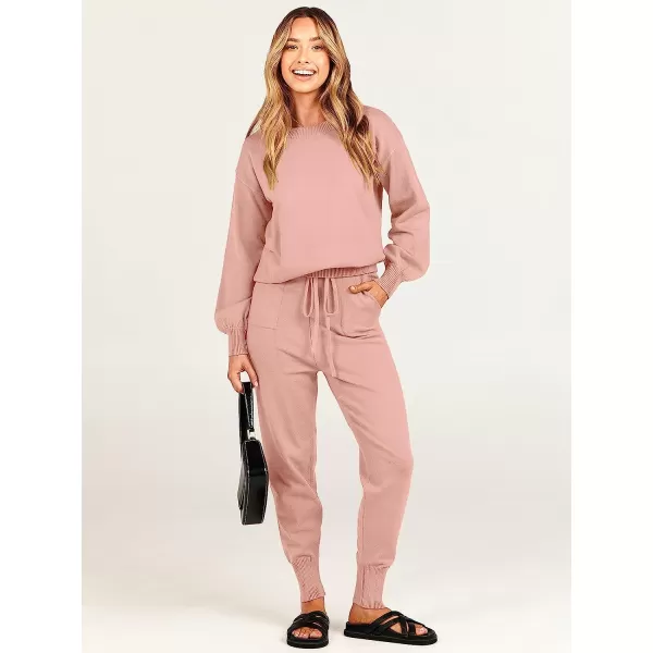 imageANRABESS Womens Two Piece Outfits Sweater Sets Long Sleeve Pullover and Drawstring Pants Lounge Sets17carmine