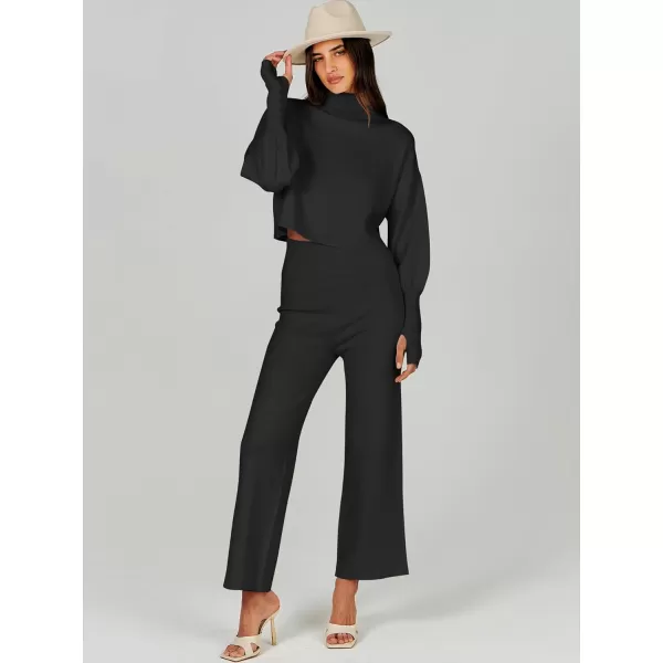 imageANRABESS Womens Two Piece Outfits Sweater Sets Long Sleeve Turtleneck Knit Crop Pullover and Wide Leg Pant Lounge SetsBlack