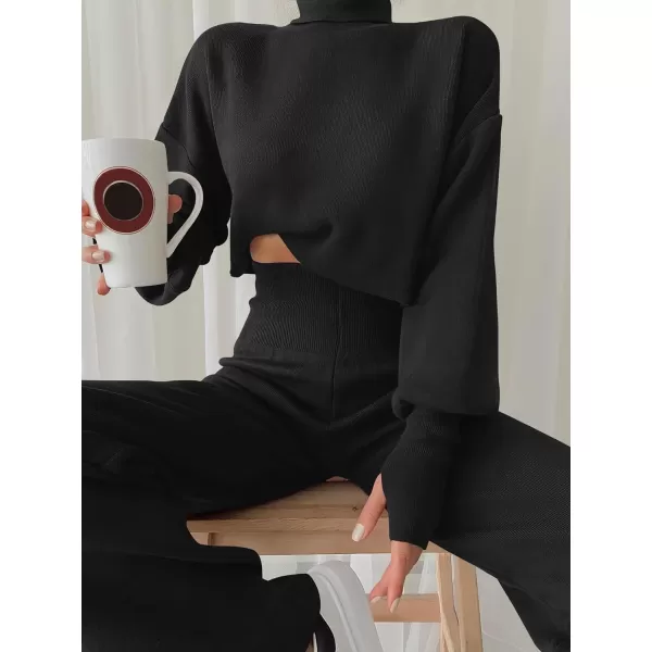 imageANRABESS Womens Two Piece Outfits Sweater Sets Long Sleeve Turtleneck Knit Crop Pullover and Wide Leg Pant Lounge SetsBlack