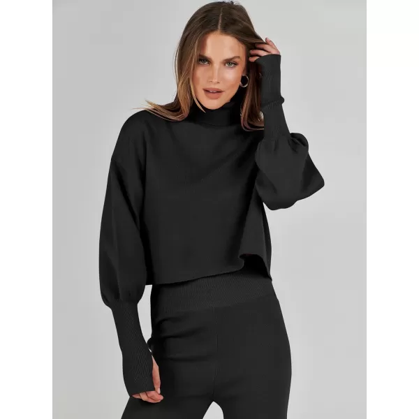 imageANRABESS Womens Two Piece Outfits Sweater Sets Long Sleeve Turtleneck Knit Crop Pullover and Wide Leg Pant Lounge SetsBlack