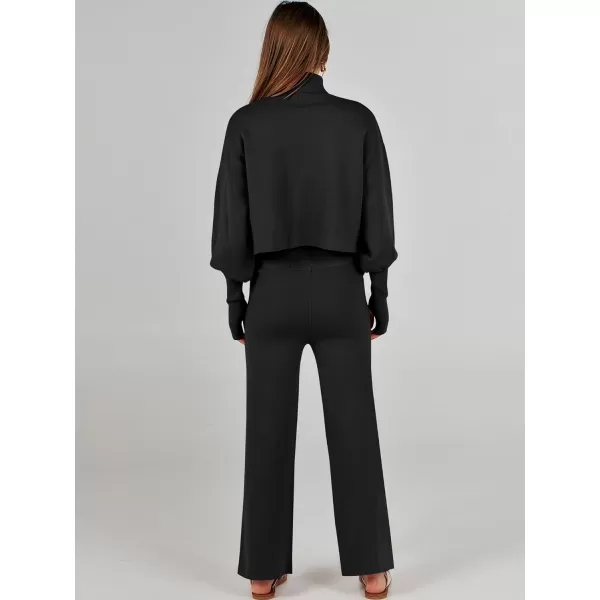 imageANRABESS Womens Two Piece Outfits Sweater Sets Long Sleeve Turtleneck Knit Crop Pullover and Wide Leg Pant Lounge SetsBlack