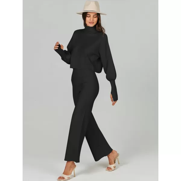 imageANRABESS Womens Two Piece Outfits Sweater Sets Long Sleeve Turtleneck Knit Crop Pullover and Wide Leg Pant Lounge SetsBlack