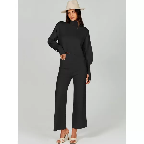 imageANRABESS Womens Two Piece Outfits Sweater Sets Long Sleeve Turtleneck Knit Crop Pullover and Wide Leg Pant Lounge SetsBlack