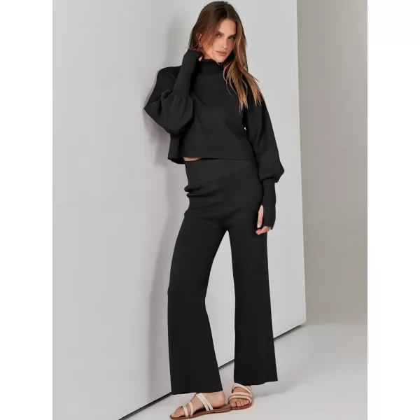 imageANRABESS Womens Two Piece Outfits Sweater Sets Long Sleeve Turtleneck Knit Crop Pullover and Wide Leg Pant Lounge SetsBlack