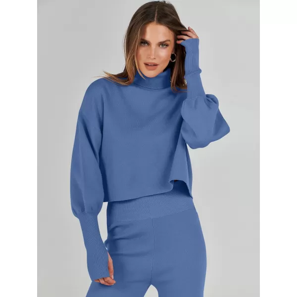 imageANRABESS Womens Two Piece Outfits Sweater Sets Long Sleeve Turtleneck Knit Crop Pullover and Wide Leg Pant Lounge SetsBlue
