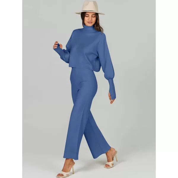 imageANRABESS Womens Two Piece Outfits Sweater Sets Long Sleeve Turtleneck Knit Crop Pullover and Wide Leg Pant Lounge SetsBlue
