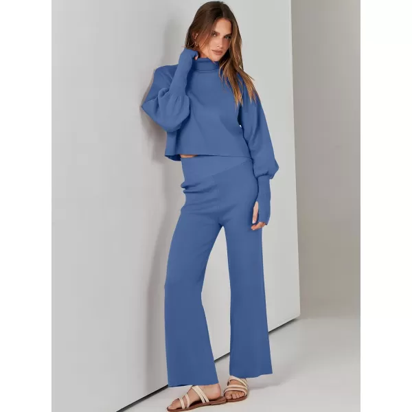 imageANRABESS Womens Two Piece Outfits Sweater Sets Long Sleeve Turtleneck Knit Crop Pullover and Wide Leg Pant Lounge SetsBlue