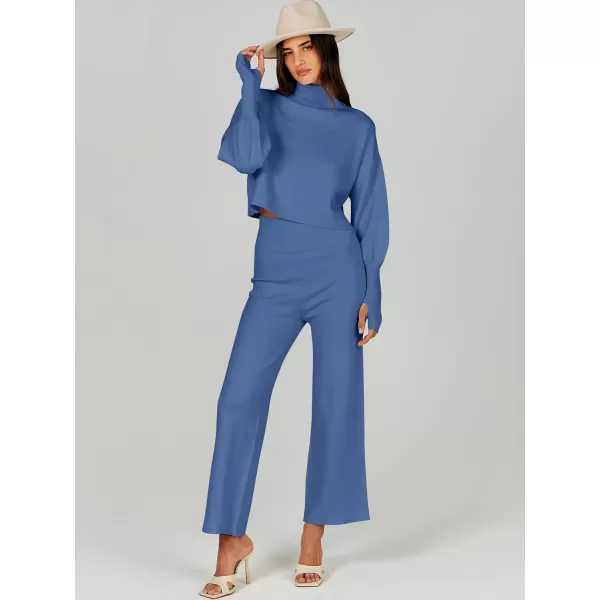 imageANRABESS Womens Two Piece Outfits Sweater Sets Long Sleeve Turtleneck Knit Crop Pullover and Wide Leg Pant Lounge SetsBlue