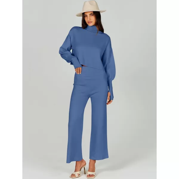 imageANRABESS Womens Two Piece Outfits Sweater Sets Long Sleeve Turtleneck Knit Crop Pullover and Wide Leg Pant Lounge SetsBlue