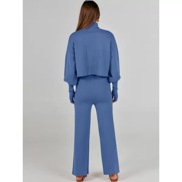 imageANRABESS Womens Two Piece Outfits Sweater Sets Long Sleeve Turtleneck Knit Crop Pullover and Wide Leg Pant Lounge SetsBlue