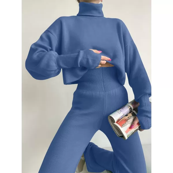 imageANRABESS Womens Two Piece Outfits Sweater Sets Long Sleeve Turtleneck Knit Crop Pullover and Wide Leg Pant Lounge SetsBlue