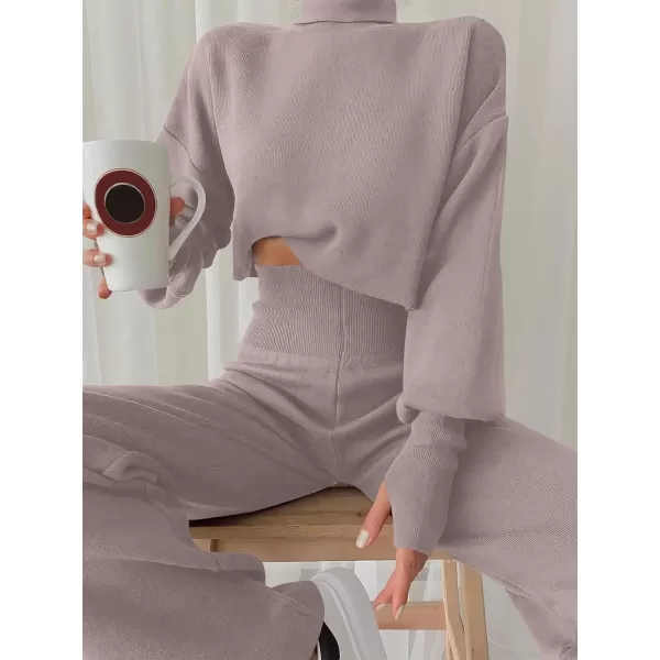 imageANRABESS Womens Two Piece Outfits Sweater Sets Long Sleeve Turtleneck Knit Crop Pullover and Wide Leg Pant Lounge SetsCamel