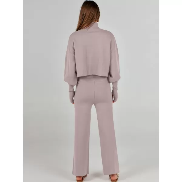 imageANRABESS Womens Two Piece Outfits Sweater Sets Long Sleeve Turtleneck Knit Crop Pullover and Wide Leg Pant Lounge SetsCamel
