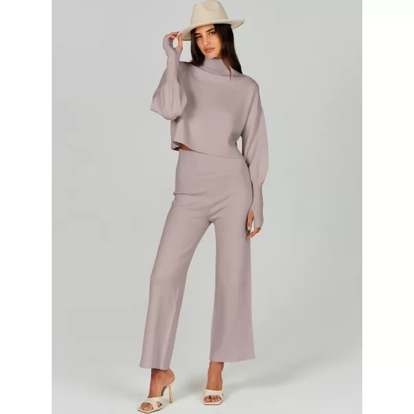 imageANRABESS Womens Two Piece Outfits Sweater Sets Long Sleeve Turtleneck Knit Crop Pullover and Wide Leg Pant Lounge SetsCamel