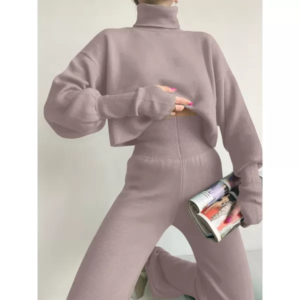 imageANRABESS Womens Two Piece Outfits Sweater Sets Long Sleeve Turtleneck Knit Crop Pullover and Wide Leg Pant Lounge SetsCamel