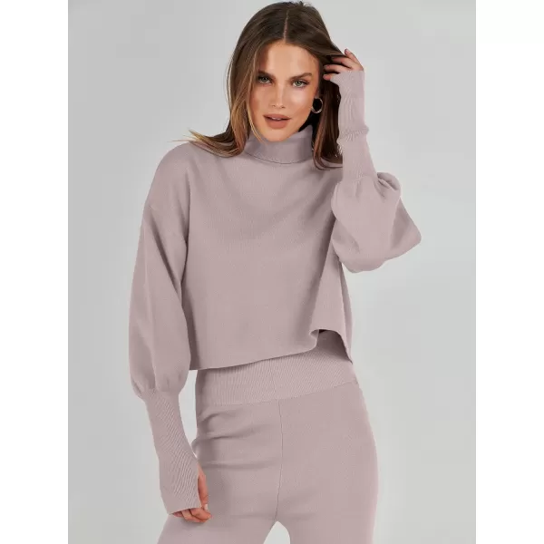 imageANRABESS Womens Two Piece Outfits Sweater Sets Long Sleeve Turtleneck Knit Crop Pullover and Wide Leg Pant Lounge SetsCamel