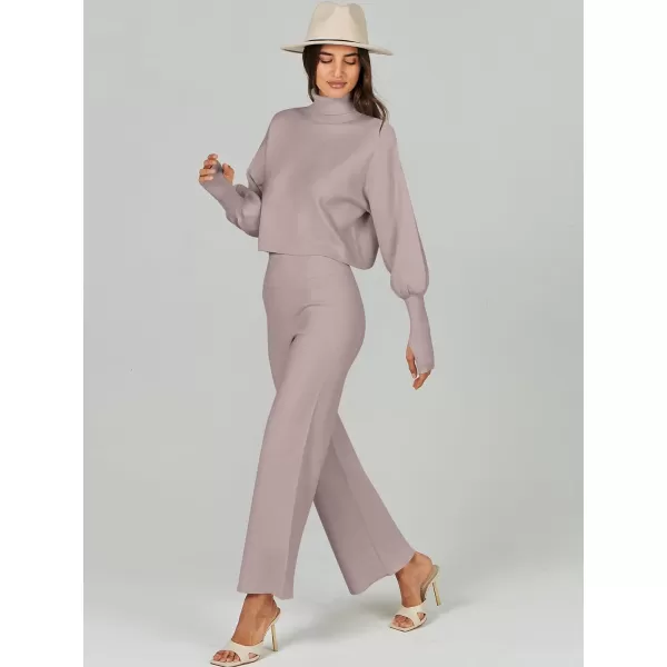 imageANRABESS Womens Two Piece Outfits Sweater Sets Long Sleeve Turtleneck Knit Crop Pullover and Wide Leg Pant Lounge SetsCamel