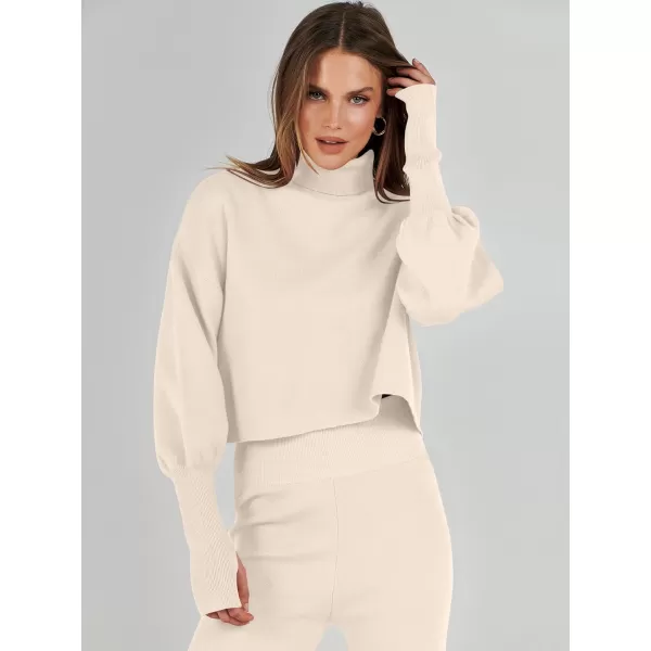 imageANRABESS Womens Two Piece Outfits Sweater Sets Long Sleeve Turtleneck Knit Crop Pullover and Wide Leg Pant Lounge SetsKhaki