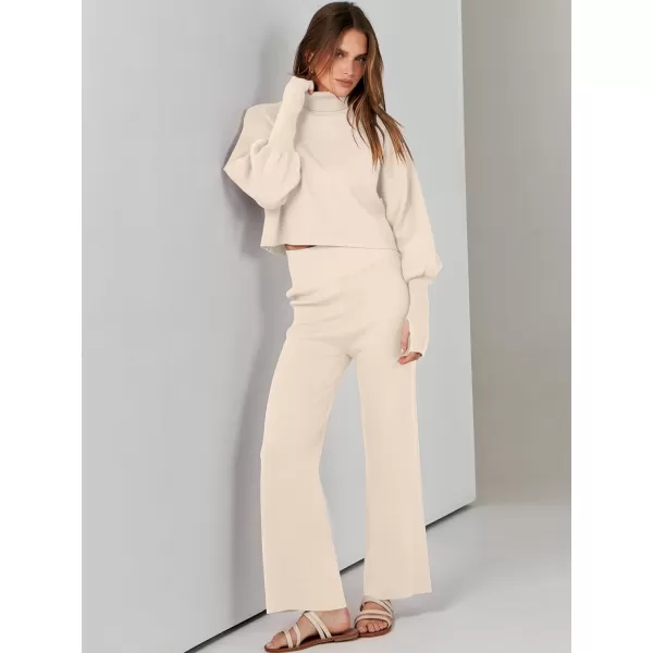 imageANRABESS Womens Two Piece Outfits Sweater Sets Long Sleeve Turtleneck Knit Crop Pullover and Wide Leg Pant Lounge SetsKhaki