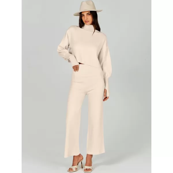 imageANRABESS Womens Two Piece Outfits Sweater Sets Long Sleeve Turtleneck Knit Crop Pullover and Wide Leg Pant Lounge SetsKhaki