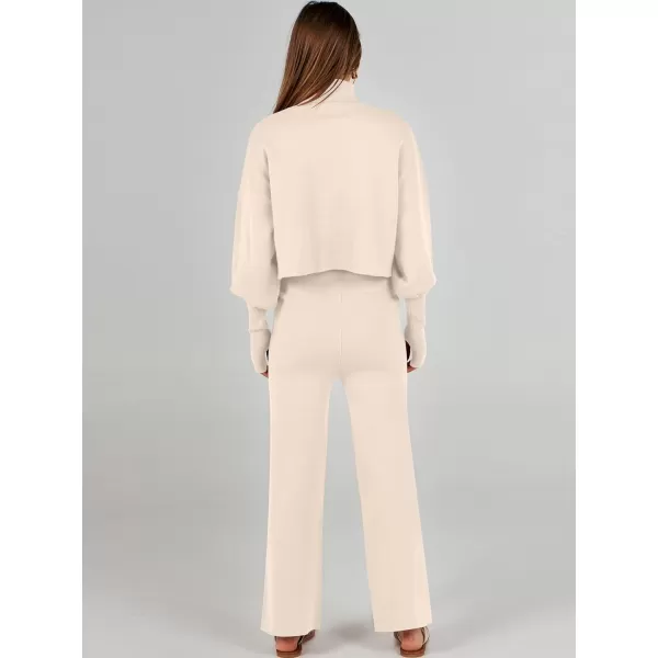 imageANRABESS Womens Two Piece Outfits Sweater Sets Long Sleeve Turtleneck Knit Crop Pullover and Wide Leg Pant Lounge SetsKhaki