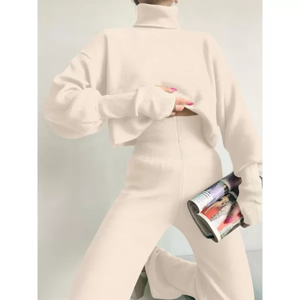 imageANRABESS Womens Two Piece Outfits Sweater Sets Long Sleeve Turtleneck Knit Crop Pullover and Wide Leg Pant Lounge SetsKhaki