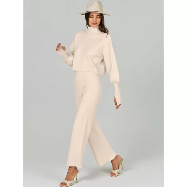 imageANRABESS Womens Two Piece Outfits Sweater Sets Long Sleeve Turtleneck Knit Crop Pullover and Wide Leg Pant Lounge SetsKhaki