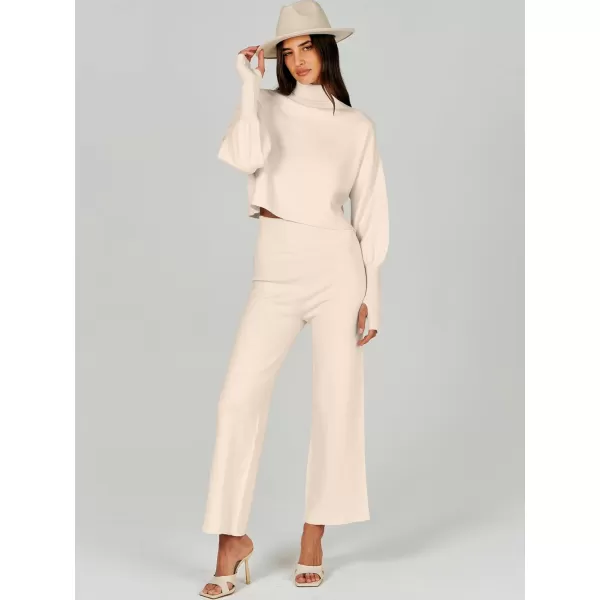 imageANRABESS Womens Two Piece Outfits Sweater Sets Long Sleeve Turtleneck Knit Crop Pullover and Wide Leg Pant Lounge SetsKhaki