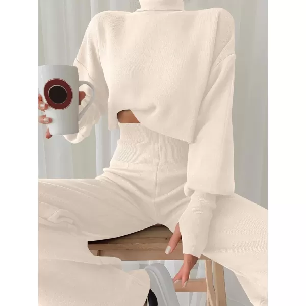 imageANRABESS Womens Two Piece Outfits Sweater Sets Long Sleeve Turtleneck Knit Crop Pullover and Wide Leg Pant Lounge SetsKhaki