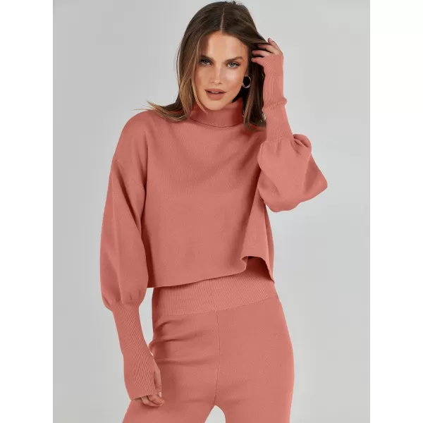 imageANRABESS Womens Two Piece Outfits Sweater Sets Long Sleeve Turtleneck Knit Crop Pullover and Wide Leg Pant Lounge SetsRust