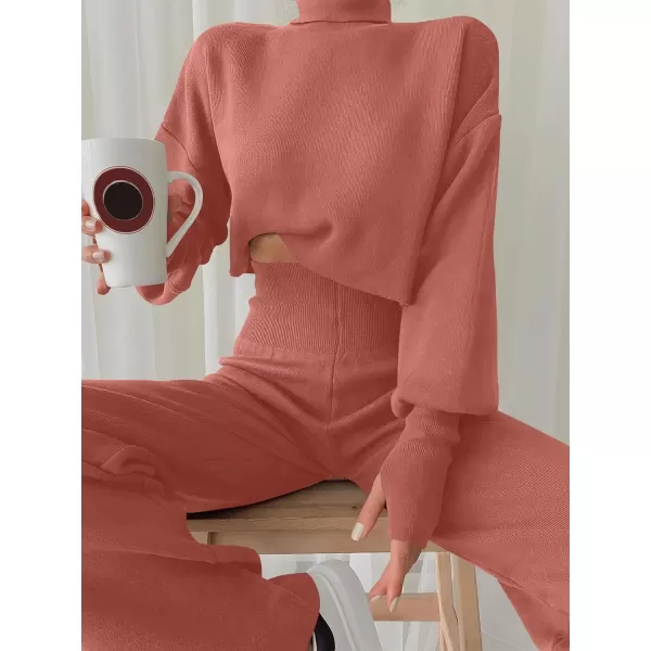 imageANRABESS Womens Two Piece Outfits Sweater Sets Long Sleeve Turtleneck Knit Crop Pullover and Wide Leg Pant Lounge SetsRust