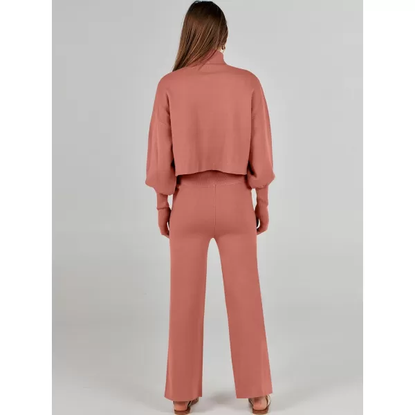 imageANRABESS Womens Two Piece Outfits Sweater Sets Long Sleeve Turtleneck Knit Crop Pullover and Wide Leg Pant Lounge SetsRust
