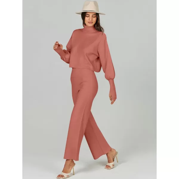 imageANRABESS Womens Two Piece Outfits Sweater Sets Long Sleeve Turtleneck Knit Crop Pullover and Wide Leg Pant Lounge SetsRust