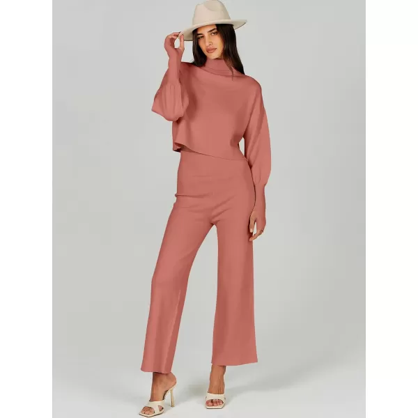 imageANRABESS Womens Two Piece Outfits Sweater Sets Long Sleeve Turtleneck Knit Crop Pullover and Wide Leg Pant Lounge SetsRust