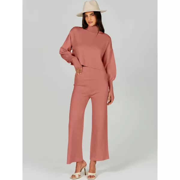 imageANRABESS Womens Two Piece Outfits Sweater Sets Long Sleeve Turtleneck Knit Crop Pullover and Wide Leg Pant Lounge SetsRust