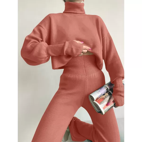 imageANRABESS Womens Two Piece Outfits Sweater Sets Long Sleeve Turtleneck Knit Crop Pullover and Wide Leg Pant Lounge SetsRust