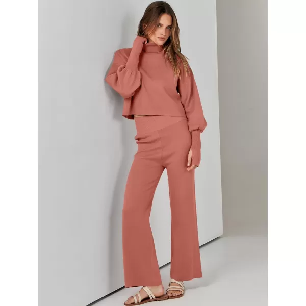 imageANRABESS Womens Two Piece Outfits Sweater Sets Long Sleeve Turtleneck Knit Crop Pullover and Wide Leg Pant Lounge SetsRust