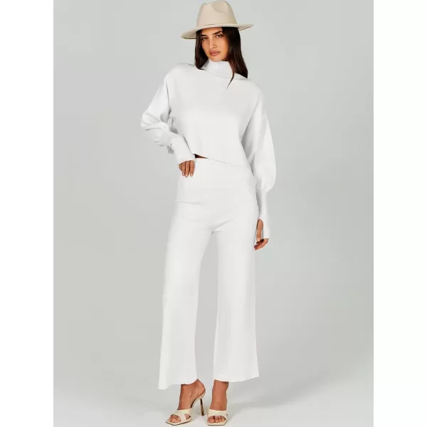 imageANRABESS Womens Two Piece Outfits Sweater Sets Long Sleeve Turtleneck Knit Crop Pullover and Wide Leg Pant Lounge SetsWhite